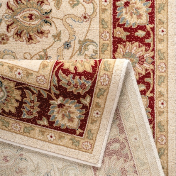 Orientalischer Kurzflor Wollteppich Creme Rot fr Wohnzimmer, Schlafzimmer